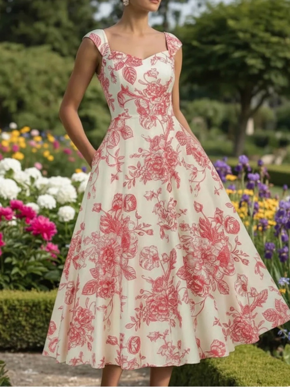 Sleeveless Floral Midi Dress in Pink and White #163